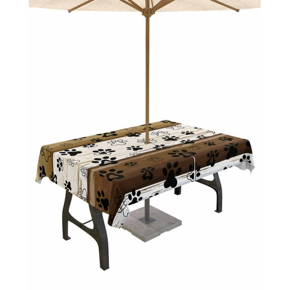 Fsddascl Brown Dog Paw Print Outdoor Tablecloth - 60x84 Inch Rectangle Dining Table Cover, Vintage Farmhouse Wooden Grain Waterproof Outdoor Table Cloth with Umbrella Hole & Zipper for Picnic/Patio
