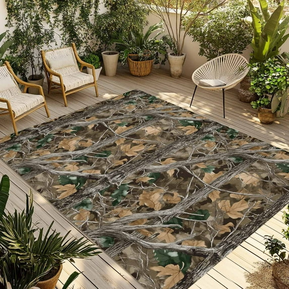 Fsddascl Brown Fall Maple Leaves Outdoor Rug for Patio/Deck/Porch, Non-Slip Large Area Rug 5 x 8 Ft, Branches Wood Tree Forest Indoor Outdoor Rugs Washable Area Rugs, Reversible Camping Rug Carpet