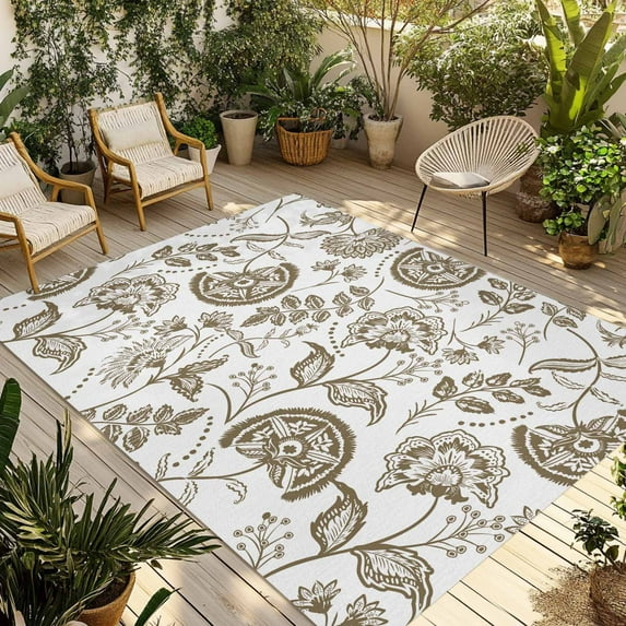 Fsddascl Brown Farmhouse Outdoor Rug for Patio/Deck/Porch, Non-Slip Large Area Rug 5 x 8 Ft, Floral Floral Plant Leaf Vintage Spring Indoor Outdoor Rugs Washable Area Rugs, Camping Rug Carpet