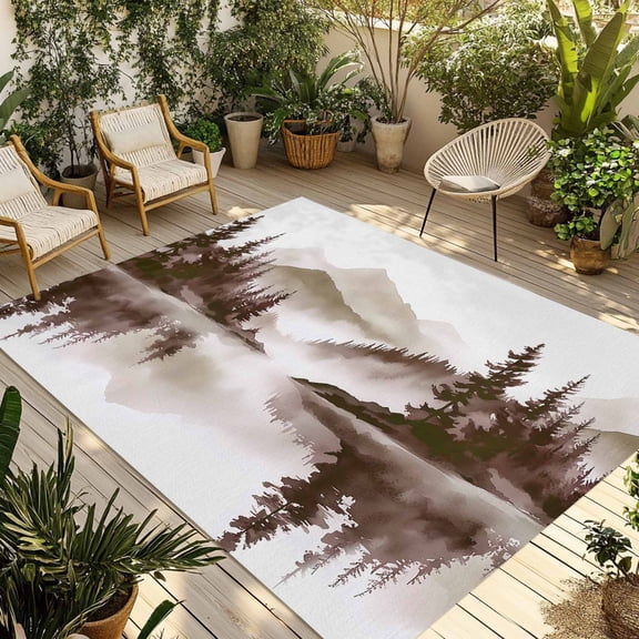 Fsddascl Brown Ink Landscape Outdoor Rug for Patio/Deck/Porch, Non-Slip Large Area Rug 5 x 8 Ft, Watercolor Lake Forest Indoor Outdoor Rugs Washable Area Rugs, Reversible Camping Rug Carpet Runner