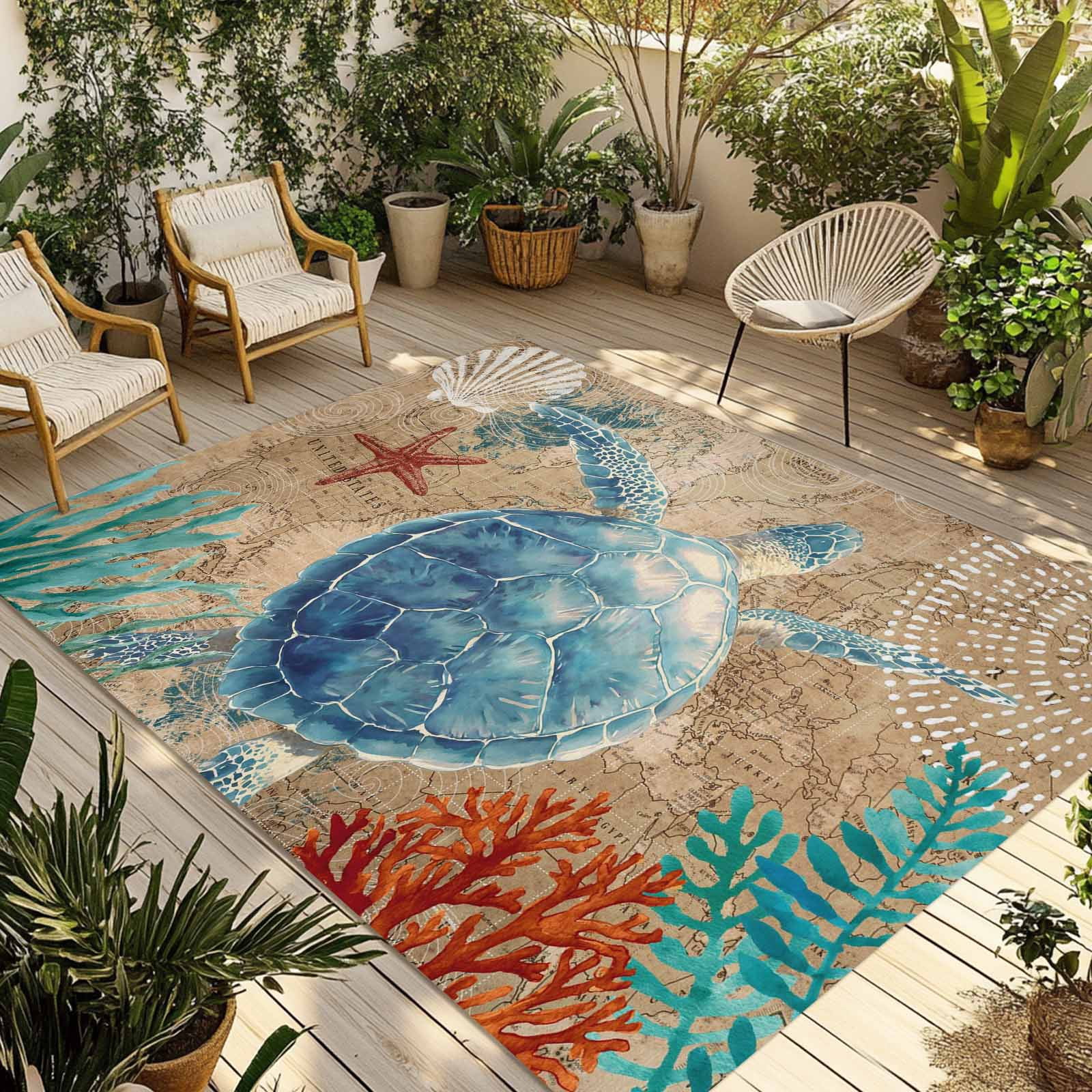 Fsddascl Brown Sea Turtle Coastal Outdoor Rug for Patio/Deck/Porch, Non ...