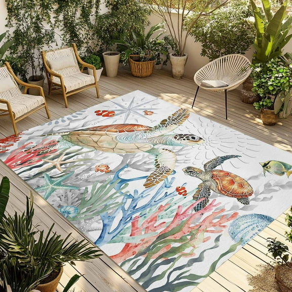 Fsddascl Brown Sea Turtle Coastal Outdoor Rug for Patio/Deck/Porch, Non-Slip Large Area Rug 4 x 6 Ft, Summer Beach Coral Starfish Nautical Indoor Outdoor Rugs Washable Area Rugs, Camping Rug Carpet