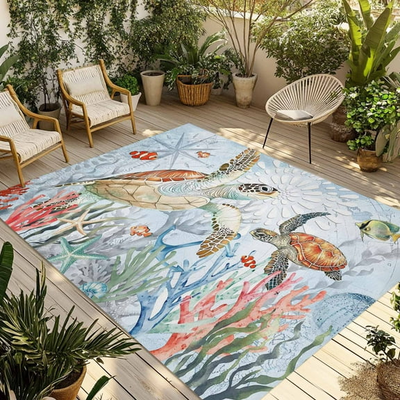 Fsddascl Brown Sea Turtle Coastal Outdoor Rug for Patio/Deck/Porch, Non-Slip Large Area Rug 4 x 6 Ft, Vintage Summer Beach Coral Starfish Indoor Outdoor Rugs Washable Area Rugs, Camping Rug Carpet