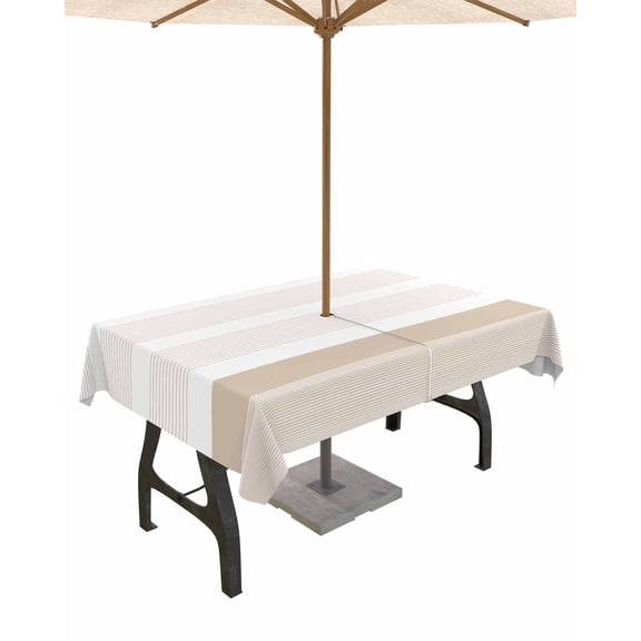 Fsddascl Brown Stripe Outdoor Tablecloth - 60x102 Inch Rectangle Dining Table Cover, Modern Rustic Horizontal Brown Striped Waterproof Outdoor Table Cloth with Umbrella Hole & Zipper for Patio