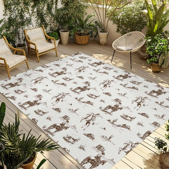 Fsddascl Brown Western Cowboy Outdoor Rug for Patio/Deck/Porch, Non-Slip Large Area Rug 5 x 8 Ft, Farmhouse Vintage Ethnic Art Indoor Outdoor Rugs Washable Area Rugs, Reversible Camping Rug Carpet