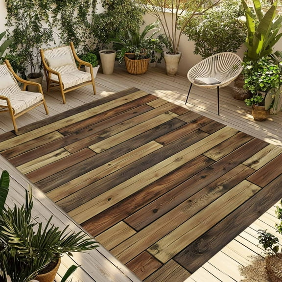 Fsddascl Brown Wooden Grain Outdoor Rug for Patio/Deck/Porch, Non-Slip Large Area Rug 6 x 9 Ft, Farmhouse Vintage Stitching Art Indoor Outdoor Rugs Washable Area Rugs, Reversible Camping Rug Carpet
