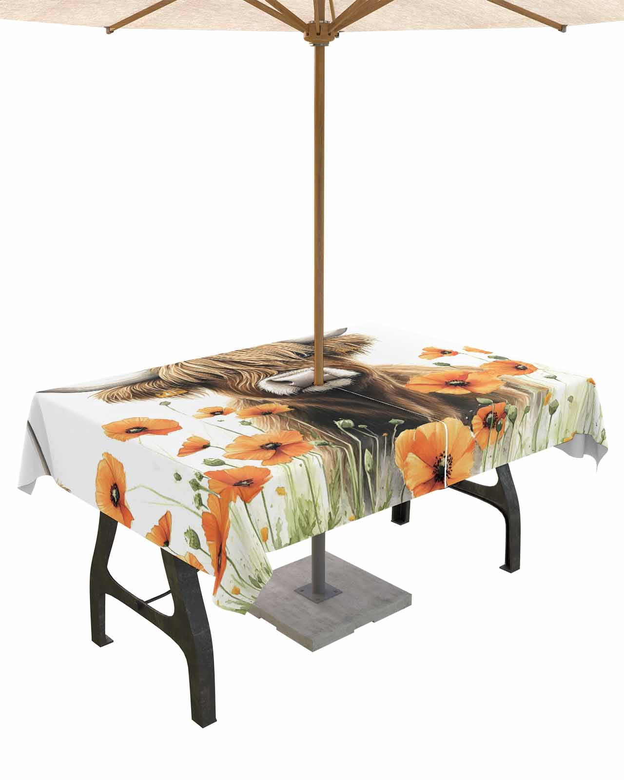 Fsddascl Brown Yak Farmhouse Outdoor Tablecloth - 60x102 Inch Rectangle Dining Table Cover, Spring Country Floral Botanical Waterproof Outdoor Table Cloth with Umbrella Hole & Zipper for Patio
