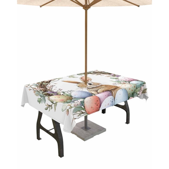Fsddascl Bunny Easter Outdoor Tablecloth - 52x70 Inch Rectangle Dining Table Cover, Spring Floral Botanical Wreath Eggs Waterproof Outdoor Table Cloth with Umbrella Hole & Zipper for Picnic/Patio