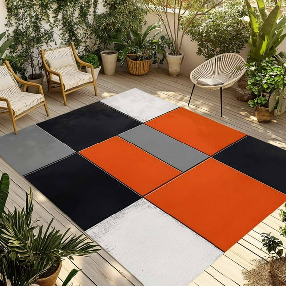 Fsddascl Burnt Orange Black Gray Outdoor Rug for Patio/Deck/Porch, Non-Slip Large Area Rug 5 x 8 Ft, Contemporary Geometric Plaid Indoor Outdoor Rugs Washable Area Rugs, Camping Rug Carpet