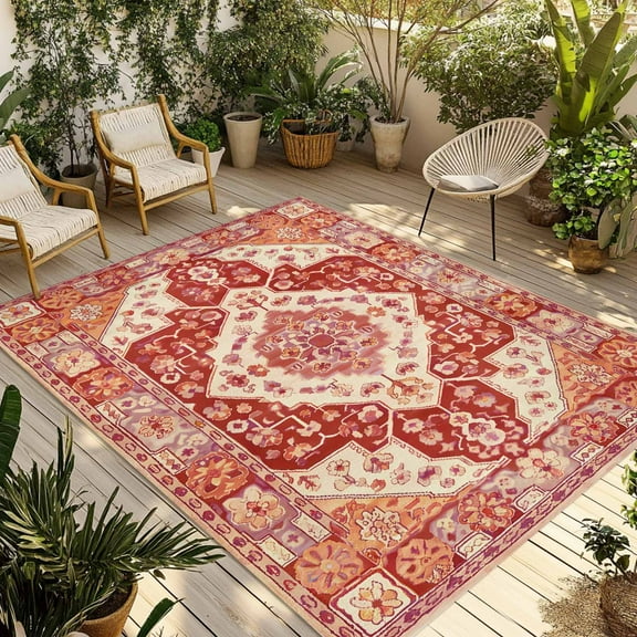 Fsddascl Burnt Orange Boho Outdoor Rug for Patio/Deck/Porch, Non-Slip Large Area Rug 4 x 6 Ft, Ethnic Geometric Southwest Indoor Outdoor Rugs Washable Area Rugs, Reversible Camping Rug Carpet Runner