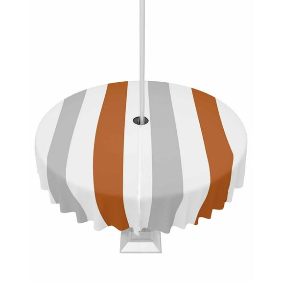 Fsddascl Burnt Orange Gray Striped Outdoor Tablecloth - 54 Inch Round Dining Table Cover, Farmhouse Stripe Art Waterproof Outdoor Table Cloth with Umbrella Hole & Zipper for Picnic/Patio/Party