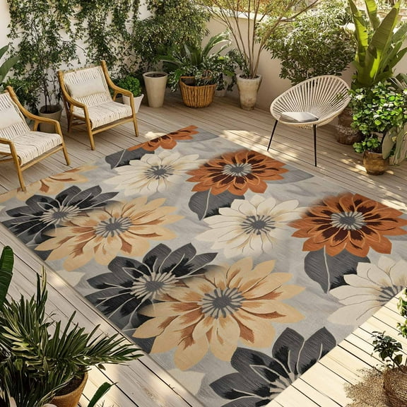 Fsddascl Burnt Orange Grey Black Flower Outdoor Rug for Patio/Deck/Porch, Non-Slip Large Area Rug 4 x 6 Ft, Spring Floral Botanical Indoor Outdoor Rugs Washable Area Rugs, Camping Rug Carpet