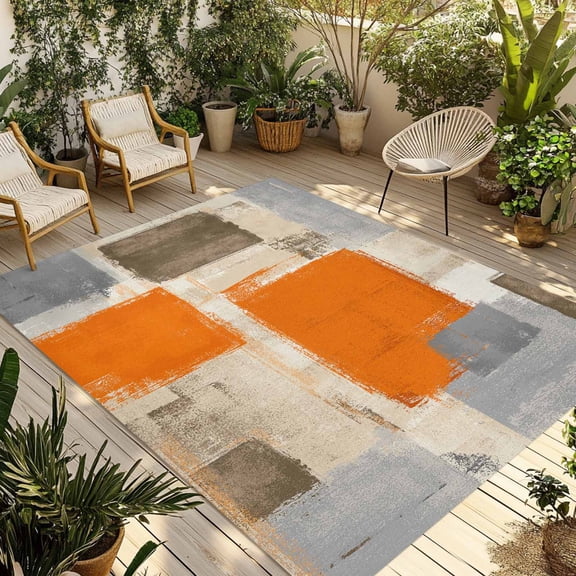 Fsddascl Burnt Orange Grey Outdoor Rug for Patio/Deck/Porch, Non-Slip Large Area Rug 4 x 6 Ft, Abstract Modern Oil Painted Geometric Indoor Outdoor Rugs Washable Area Rugs, Camping Rug Carpet