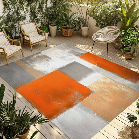 Fsddascl Burnt Orange Grey Outdoor Rug for Patio/Deck/Porch, Non-Slip Large Area Rug 4 x 6 Ft, Modern Oil Painting Art Abstract Indoor Outdoor Rugs Washable Area Rugs, Reversible Camping Rug Carpet