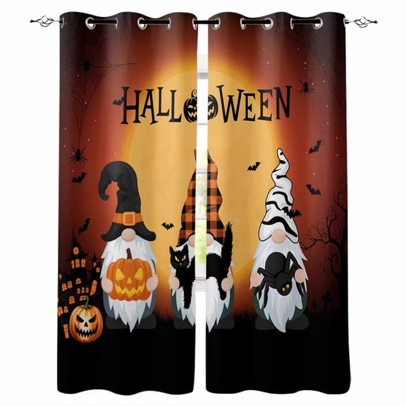Fsddascl Burnt Orange Halloween Blackout Curtains for Bedroom/Living Room, Thermal Insulated Kitchen Curtains, Horror Gnomes Pumpkin Black Cat Grommet Darkening Window Treatment Drapes 27.5"x39"x2