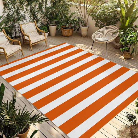 Fsddascl Burnt Orange Striped Outdoor Rug for Patio/Deck, Non-Slip Large Area Rug 6 x 9 Ft, Thanksgiving Orange White Stripes Indoor Outdoor Rugs Washable Area Rugs, Reversible Camping Rug Carpet