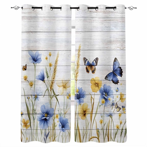 Fsddascl Butterflies Flower Blackout Curtains for Bedroom/Living Room, Thermal Insulated Kitchen Curtains, Country Wood Grain Leaves Farmhouse Grommet Darkening Window Treatment Drapes 27.5"x39"x2