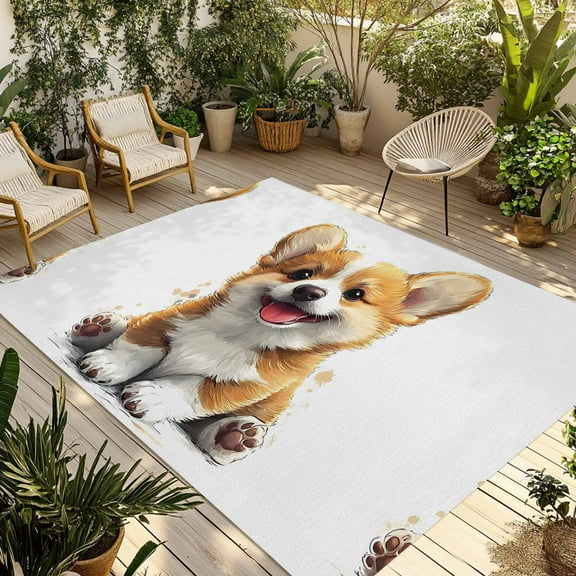 Fsddascl Cartoon Cute Puppy Outdoor Rug for Patio/Deck/Porch, Non-Slip Large Area Rug 4 x 6 Ft, Sitting Pet Dog Watercolor Indoor Outdoor Rugs Washable Area Rugs, Reversible Camping Rug Carpet