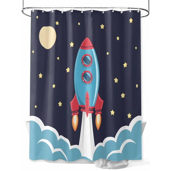 Fsddascl Cartoon Rocket Shower Curtain Set - Small 36" x 72" Washable Bathtub Curtain with 12 Hooks, Chic Cute Funny Stars Moon Sky Clouds Waterproof Fabric Stall Shower Curtains for Bathroom