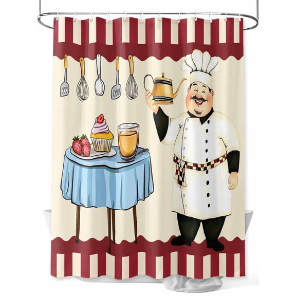 Fsddascl Chef Shower Curtain Set - Standard 72" x 72" Washable Bathtub Curtain with 12 Hooks, Red Fruit Cake Hat Kitchen Gourmet Vintage Waterproof Fabric Stall Shower Curtains for Bathroom/Bathtub