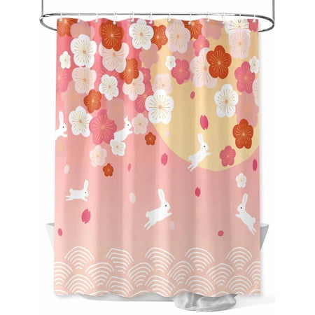 Fsddascl Cherry Blossom Shower Curtain Set - Small 36" x 72" Washable Bathtub Curtain with 12 Hooks, Japanese Style Rabbit Cute Wave Pink Waterproof Fabric Stall Shower Curtains for Bathroom/Bathtub