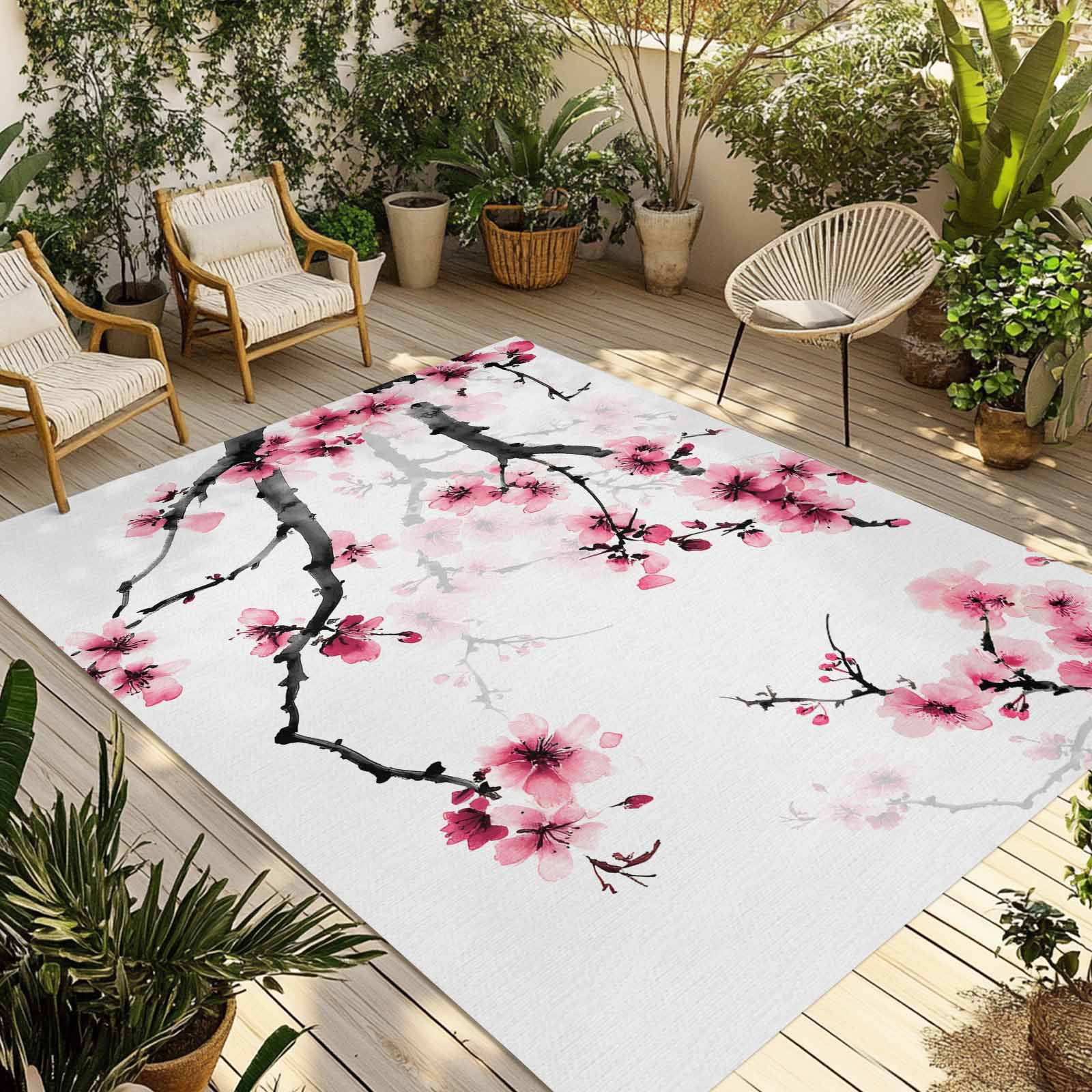 Fsddascl Cherry Blossoms Outdoor Rug for Patio/Deck/Porch, Non-Slip ...
