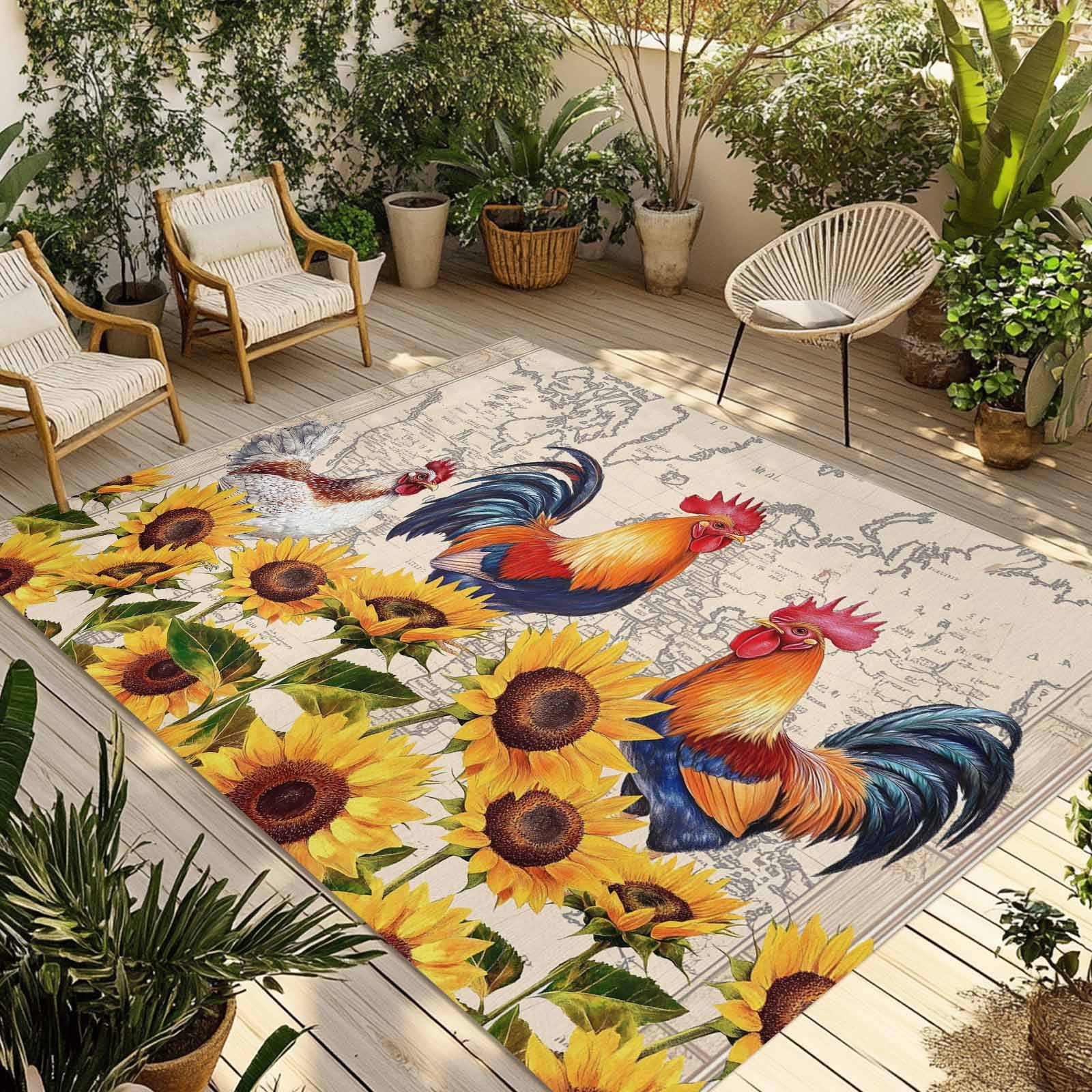 Chicken Rug Large Fsddascl Chicken Sunflowers Outdoor Rug for Patio/Deck/Porch, Non-Slip ...