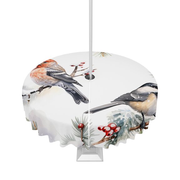 Fsddascl Christmas Birds Outdoor Tablecloth - 54 Inch Round Dining Table Cover, Xmas Berry Winter Snowflake Birds Waterproof Outdoor Table Cloth with Umbrella Hole & Zipper for Picnic/Patio/Party