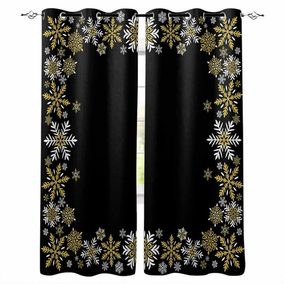 Fsddascl Christmas Black Blackout Curtains for Bedroom/Living Room, Thermal Insulated Kitchen Curtains, Xmas White Golden Snowflakes Retro Rustic Grommet Darkening Window Treatment Drapes 42"x84"x2