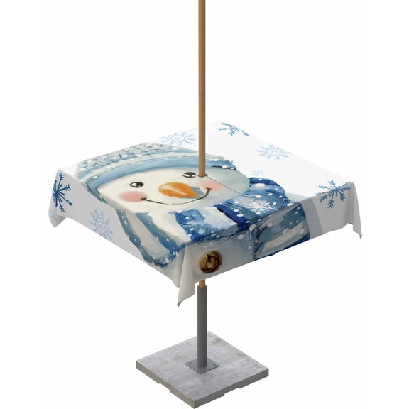 Fsddascl Christmas Blue Snowman Outdoor Tablecloth - 54x54 Inch Square Dining Table Cover, Xmas Snowflake Winter Waterproof Outdoor Table Cloth with Umbrella Hole & Zipper for Picnic/Patio/Party