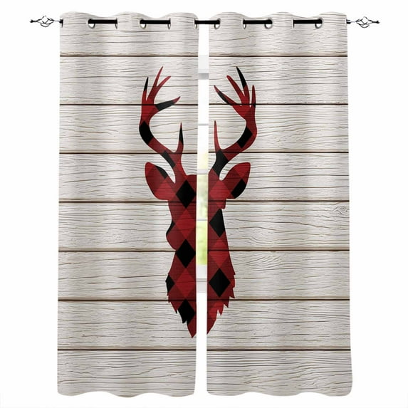 Fsddascl Christmas Elk Blackout Curtains for Bedroom/Living Room, Thermal Insulated Kitchen Curtains, Xmas Red Black Plaid Deer Grommet Darkening Window Treatment Drapes 52"x63"x2