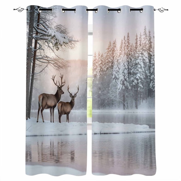 Fsddascl Christmas Elks Blackout Curtains for Bedroom/Living Room, Thermal Insulated Kitchen Curtains, Winter Snowy Forest Sunset Natural Scenery Grommet Darkening Window Treatment Drapes 27.5"x39"x2