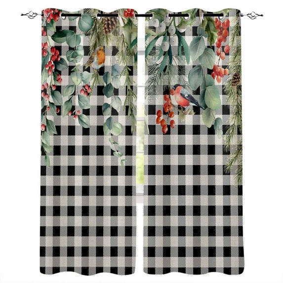 Fsddascl Christmas Eucalyptus Blackout Curtains for Bedroom/Living Room, Thermal Insulated Kitchen Curtains, Xmas Botanical Weeping Black Plaid Grommet Darkening Window Treatment Drapes 42"x63"x2
