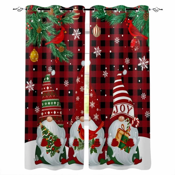 Fsddascl Christmas Gnomes Blackout Curtains for Bedroom/Living Room, Thermal Insulated Kitchen Curtains, Buffalo Plaid Pine Branch Cardinal Birds Grommet Darkening Window Treatment Drapes 52"x84"x2