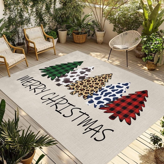 Fsddascl Christmas Outdoor Rug for Patio/Deck/Porch, Non-Slip Large Area Rug 5 x 8 Ft, Cow Leopard Print Red Green Plaid Pine Tree Indoor Outdoor Rugs Washable Area Rugs, Camping Rug Carpet Runner