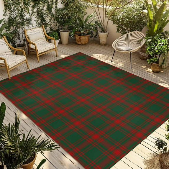 Fsddascl Christmas Outdoor Rug for Patio/Deck/Porch, Non-Slip Large Area Rug 6 x 9 Ft, Farmhouse Xmas Red Green Plaid Checkered Indoor Outdoor Rugs Washable Area Rugs, Reversible Camping Rug Carpet