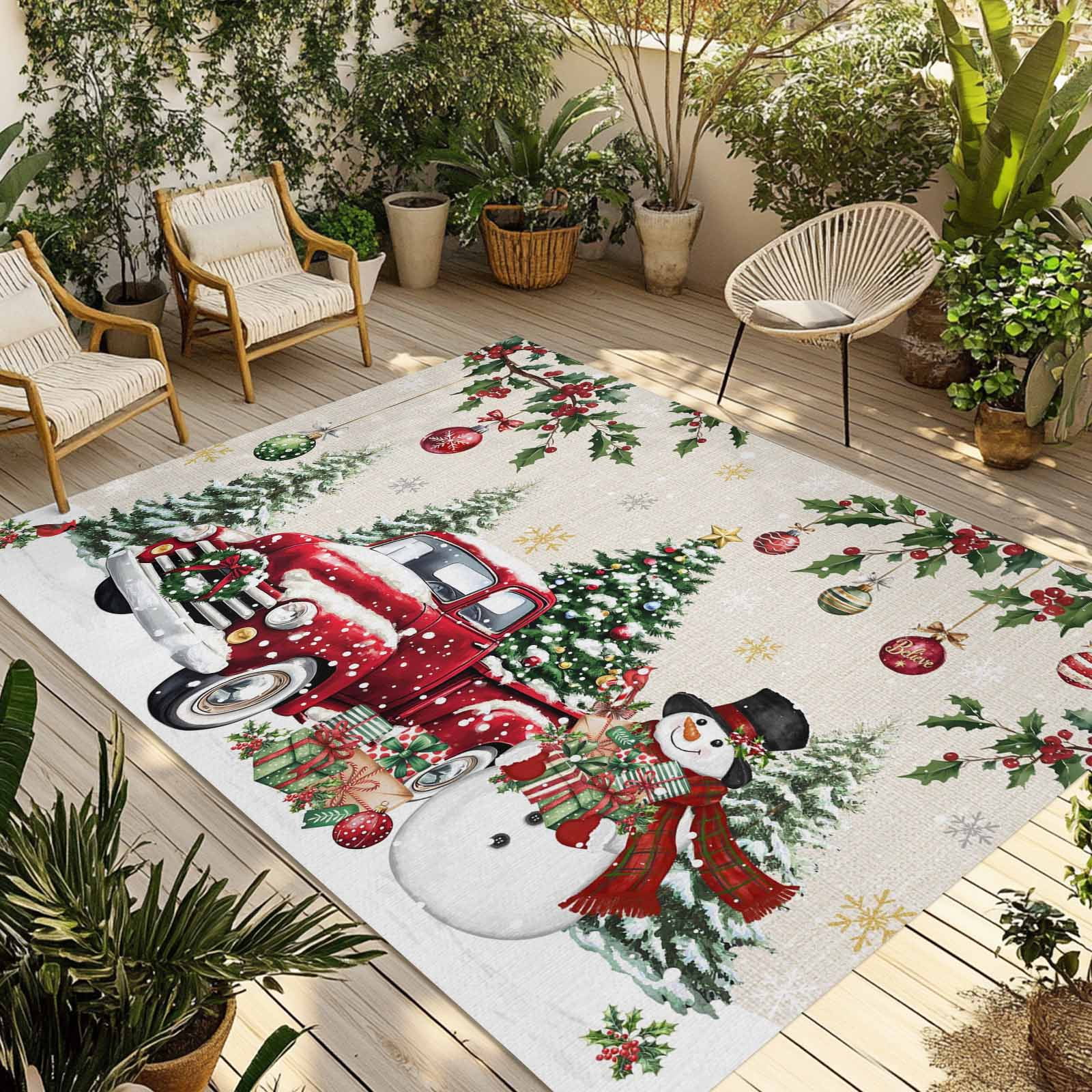 Fsddascl Christmas Outdoor Rug for Patio/Deck/Porch, Non-Slip Large Area Rug 6 x 9 Ft, Xmas Snowman Truck Snowflake Tree Balls Rustic Indoor Outdoor Rugs Washable Area Rugs, Camping Rug Carpet Runner