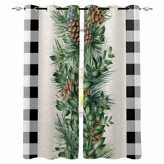 Fsddascl Christmas Pine Needle Blackout Curtains for Bedroom/Living Room, Thermal Insulated Kitchen Curtains, Xmas Pine Cones Black White Plaid Grommet Darkening Window Treatment Drapes 27.5"x39"x2