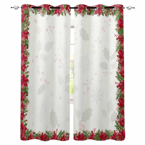 Fsddascl Christmas Poinsettia Blackout Curtains for Bedroom/Living Room, Thermal Insulated Kitchen Curtains, Red Xmas Botanical Pine Cones Grommet Darkening Window Treatment Drapes 52"x63"x2
