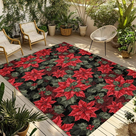 Fsddascl Christmas Poinsettia Outdoor Rug for Patio/Deck/Porch, Non-Slip Large Area Rug 5 x 8 Ft, Xmas Floral Botanical Red Black Indoor Outdoor Rugs Washable Area Rugs, Camping Rug Carpet
