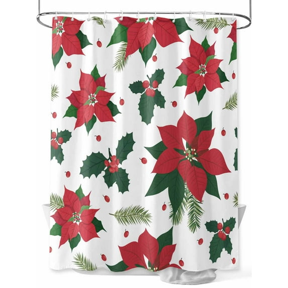Fsddascl Christmas Poinsettia Shower Curtain Set - 72" x 78" Washable Bathtub Curtain with 12 Hooks, Xmas Botanical Berry Waterproof Fabric Stall Shower Curtains for Bathroom/Bathtub Décor