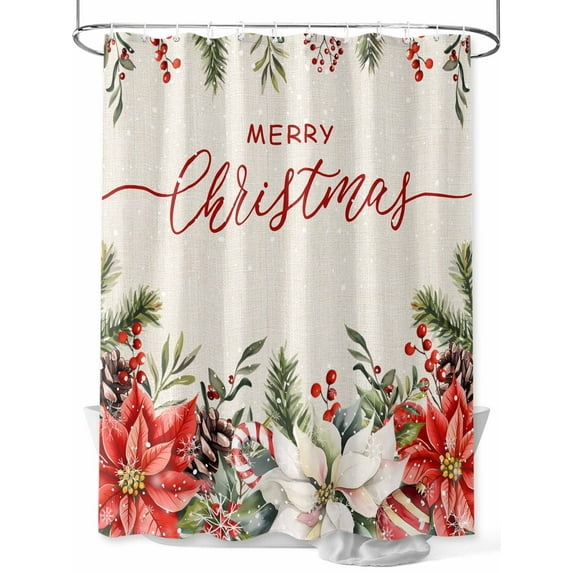 Fsddascl Christmas Poinsettia Shower Curtain Set - Extra Long 72" x 96" Washable Bathtub Curtain with 12 Hooks, Winter Xmas Botanical Floral Snowflake Waterproof Fabric Shower Curtains for Bathroom