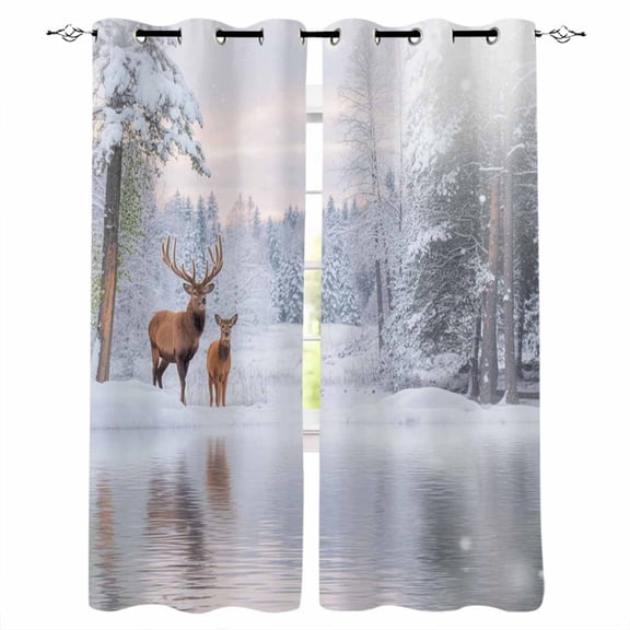 Fsddascl Christmas Reindeer Blackout Curtains for Bedroom/Living Room, Thermal Insulated Kitchen Curtains, Winter Forest Snowy Sunset Lake Grommet Darkening Window Treatment Drapes 27.5"x39"x2