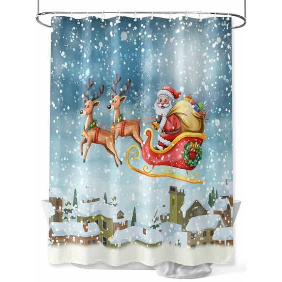 Fsddascl Christmas Santa Claus Shower Curtain Set - Small 36" x 72" Washable Bathtub Curtain with 12 Hooks, Xmas Elk Snowflakes Winter Farmhouse Waterproof Fabric Stall Shower Curtains for Bathroom