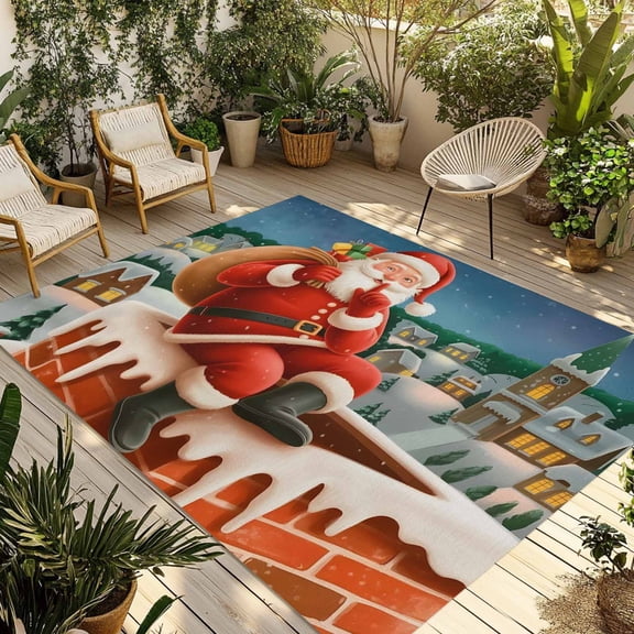 Fsddascl Christmas Santa Outdoor Rug for Patio/Deck/Porch, Non-Slip Large Area Rug 4 x 6 Ft, Xmas Winter Town Night Moon Indoor Outdoor Rugs Washable Area Rugs, Reversible Camping Rug Carpet Runner