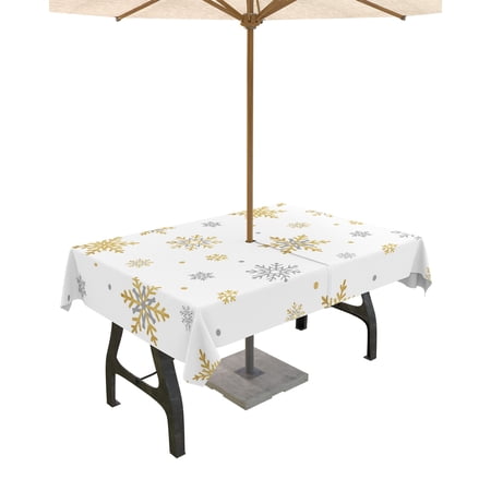 Fsddascl Christmas Snowflake Outdoor Tablecloth - 60x84 Inch Rectangle Dining Table Cover, Yellow White Xmas Winter Snowflake Waterproof Outdoor Table Cloth with Umbrella Hole & Zipper for Patio