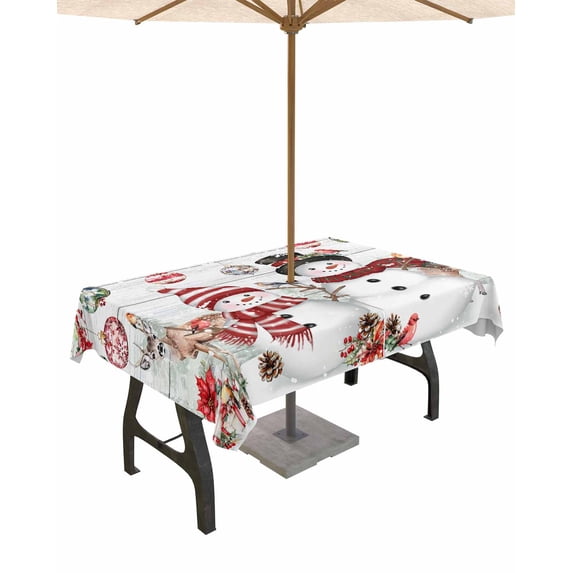 Fsddascl Christmas Snowman Outdoor Tablecloth - 60x120 Inch Rectangle Dining Table Cover, Xmas Balls Elk Botanical Vintage Waterproof Outdoor Table Cloth with Umbrella Hole & Zipper for Picnic/Patio