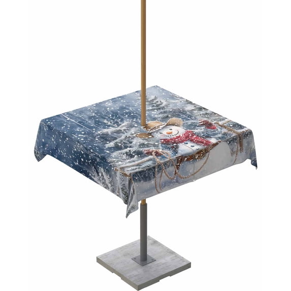 Fsddascl Christmas Snowman Outdoor Tablecloth - 60x60 Inch Square Dining Table Cover, Western Snowflake Xmas Tree Waterproof Outdoor Table Cloth with Umbrella Hole & Zipper for Picnic/Patio/Party