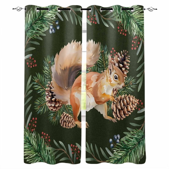 Fsddascl Christmas Squirrel Blackout Curtains for Bedroom/Living Room, Thermal Insulated Kitchen Curtains, Sage Green Pine Cones Berry Pastoral Grommet Darkening Window Treatment Drapes 42"x84"x2
