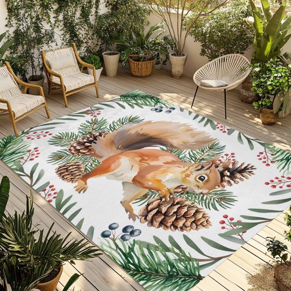 Fsddascl Christmas Squirrel Outdoor Rug for Patio/Deck/Porch, Non-Slip Large Area Rug 4 x 6 Ft, Xmas Pine Cones Winter Berry Indoor Outdoor Rugs Washable Area Rugs, Camping Rug Carpet Runner